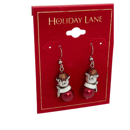 Gold Tone Faux Pearl Xmas Snowman Earrings Crystal Stunning Holidays Christmas