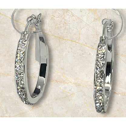 Silver Plated Pave Crystal Hoop Earrings Stunning Fashion Glitz Stylish Elegant