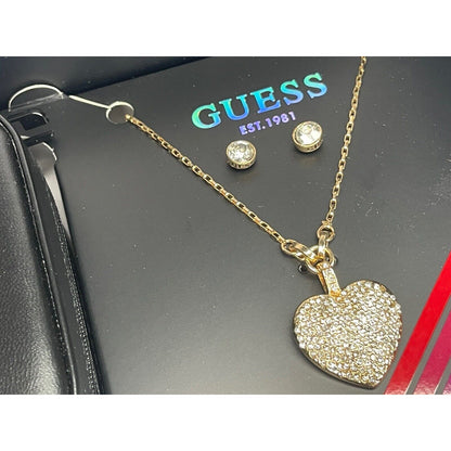 Guess Gold Tone Heart Charm Necklace Earrings 3pc Set Travel Case Trendy Vday