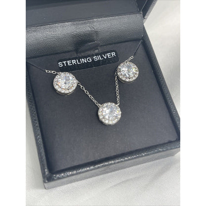 Sterling Silver CZ Halo Necklace Earrings (2pc Set) Stunning Chic Trendy Fashion