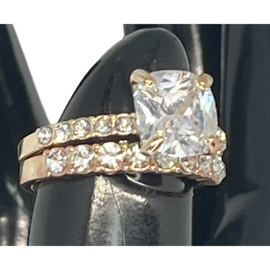 Gold Plated Pave Crystal CZ Ring Sz 5 (2pc Set) Chic Trendy Fashion Stylish NWT