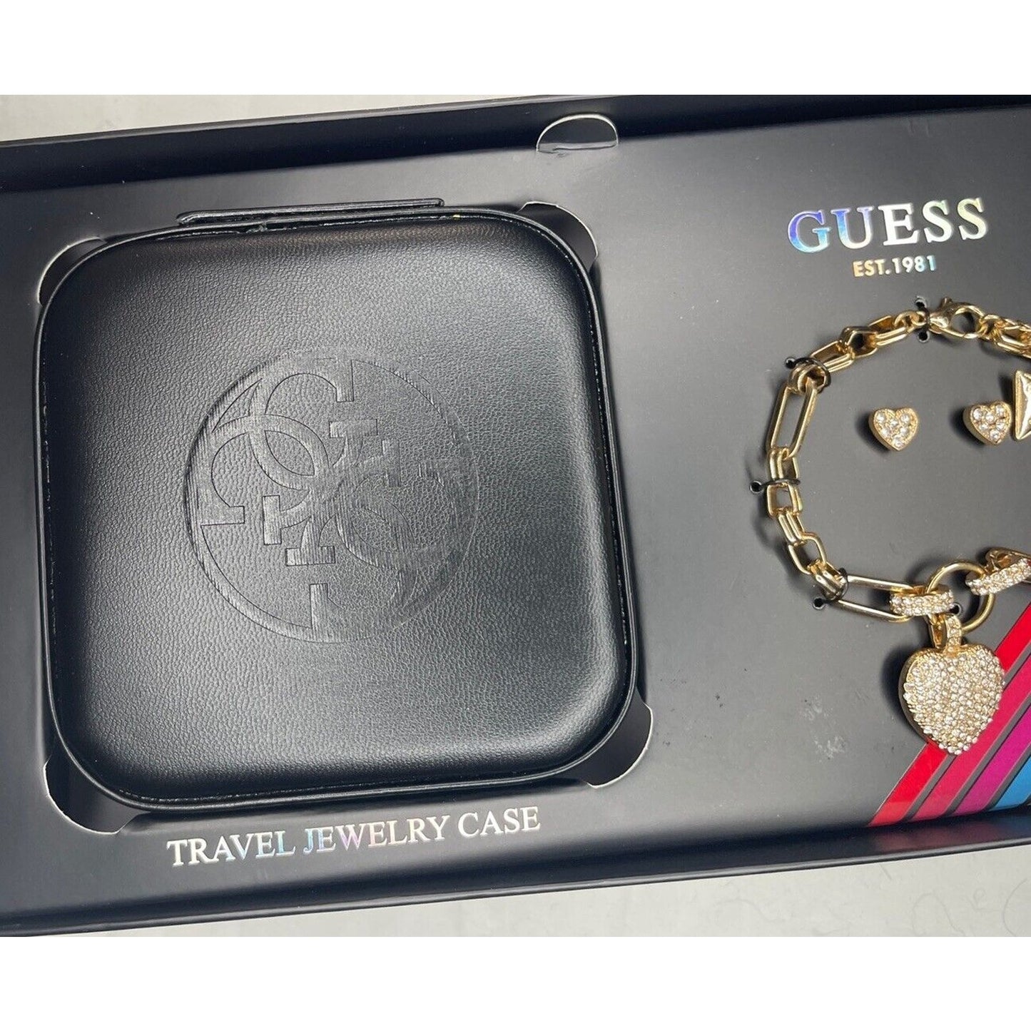 Guess Gold Tone Heart Charm Bracelet Earrings (3pc Set) Travel Case Trendy Vday