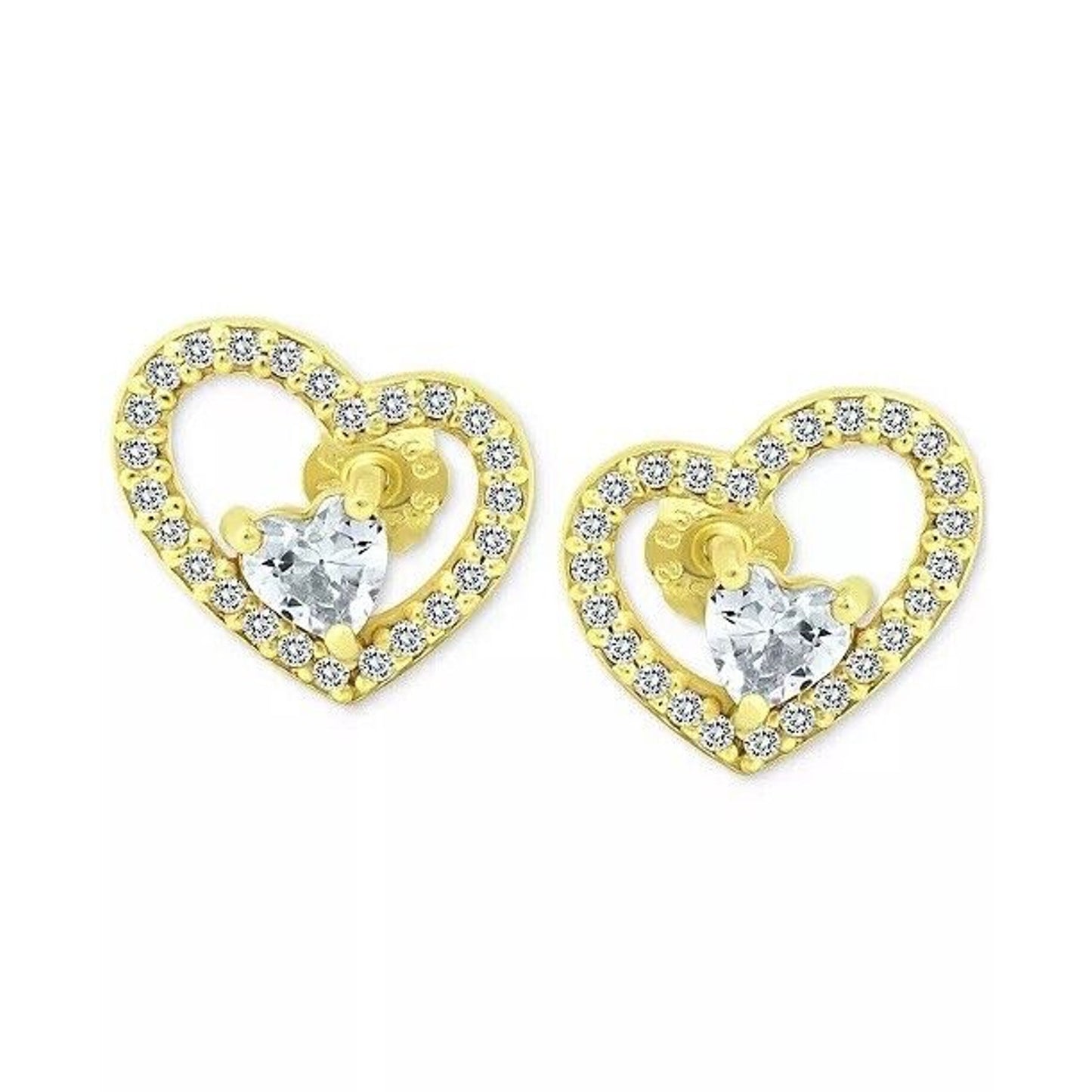 18K Gold Vermeil Double Heart Stud Earrings Stunning Chic Fashion Trendy Vday