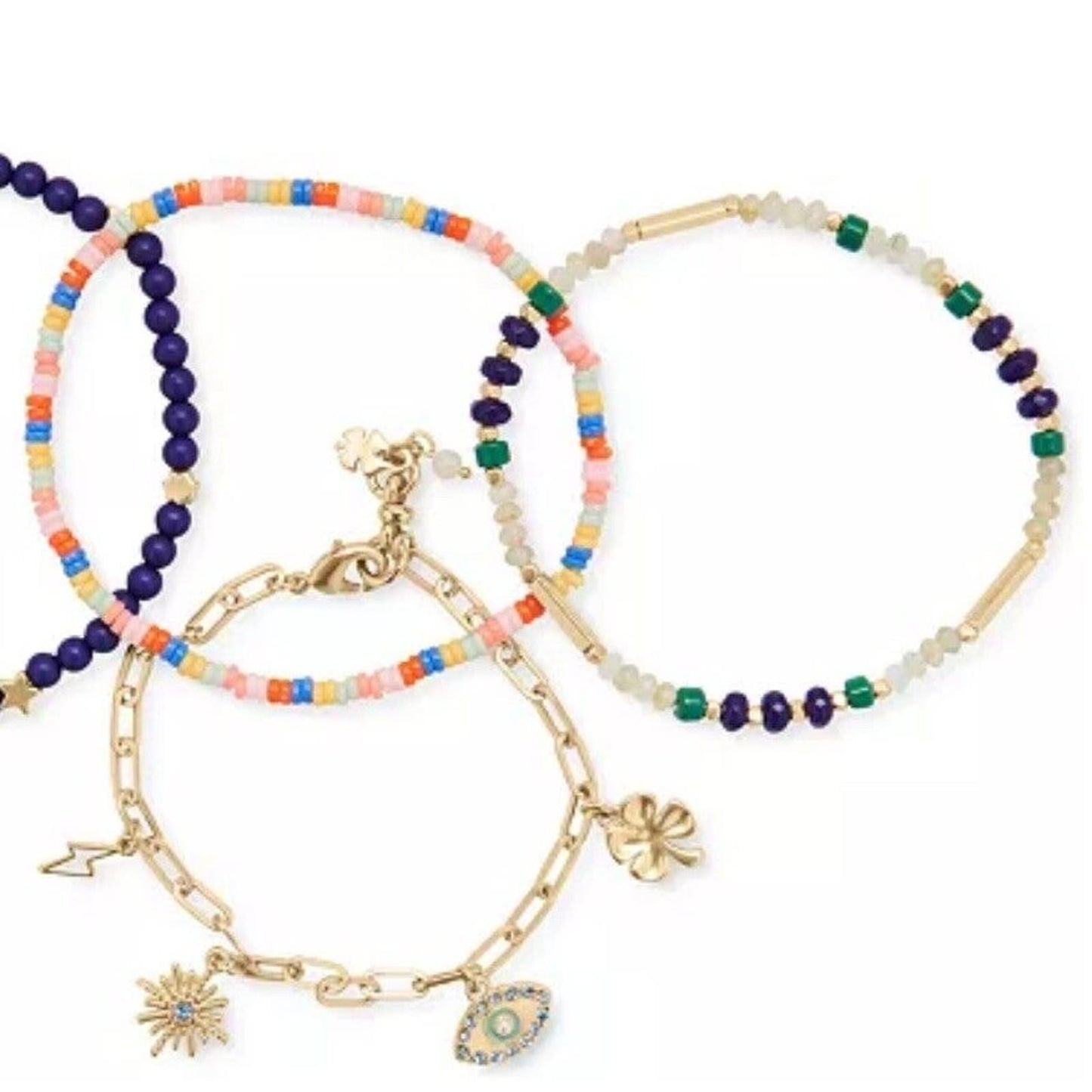 Lucky Brand Bracelet Set Gold Tone 4 Pc Crystal Beads Evil Eye Charm Chic Ladies