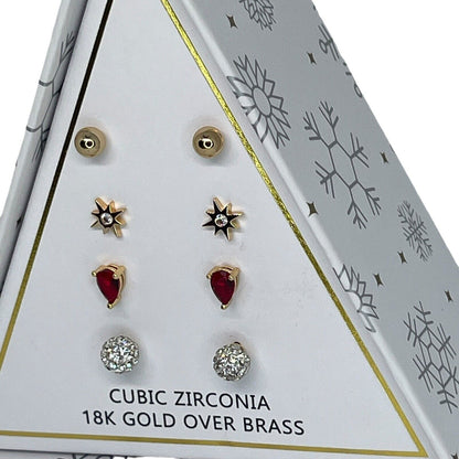 18K Gold Plate CZ Earrings 4pc Set Stunning Xmas Ornament Box Chic Christmas NWT