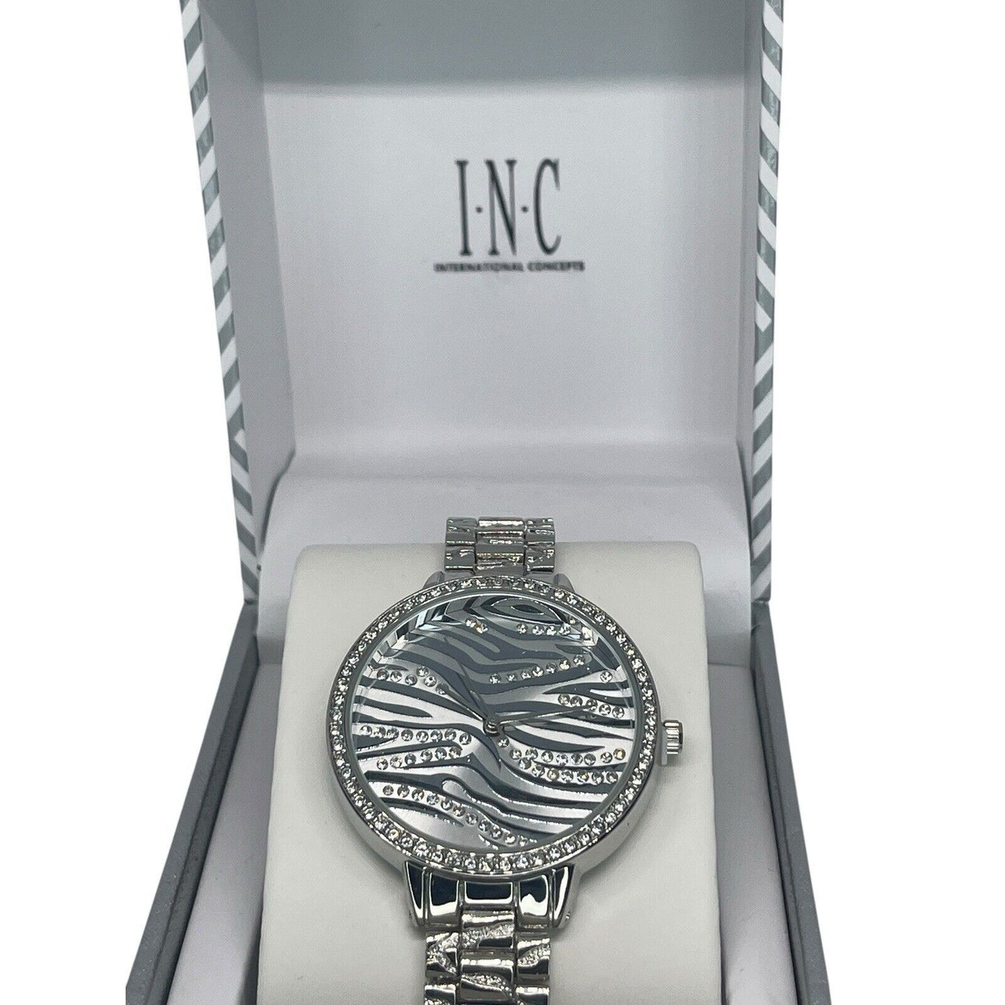 Silver Tone Crystal Bracelet Watch Zebra Print Stunning Chic Trendy Fashion Vday