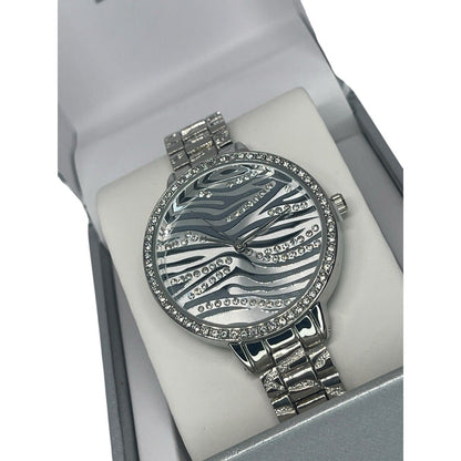 Silver Tone Crystal Bracelet Watch Zebra Print Stunning Chic Trendy Fashion Vday