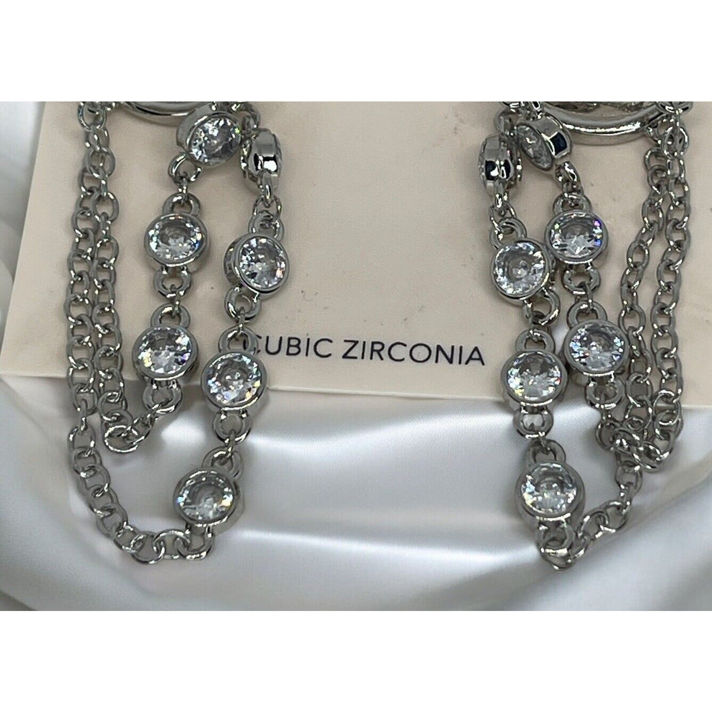 Silver Tone CZ Chain Drop Earrings Statement Chic Stunning Trendy Fashion Style