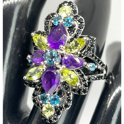 LUXY Gems Natural Topaz Amethyst Peridot Spinel Sterling Silver Ring Luxury Sz 7