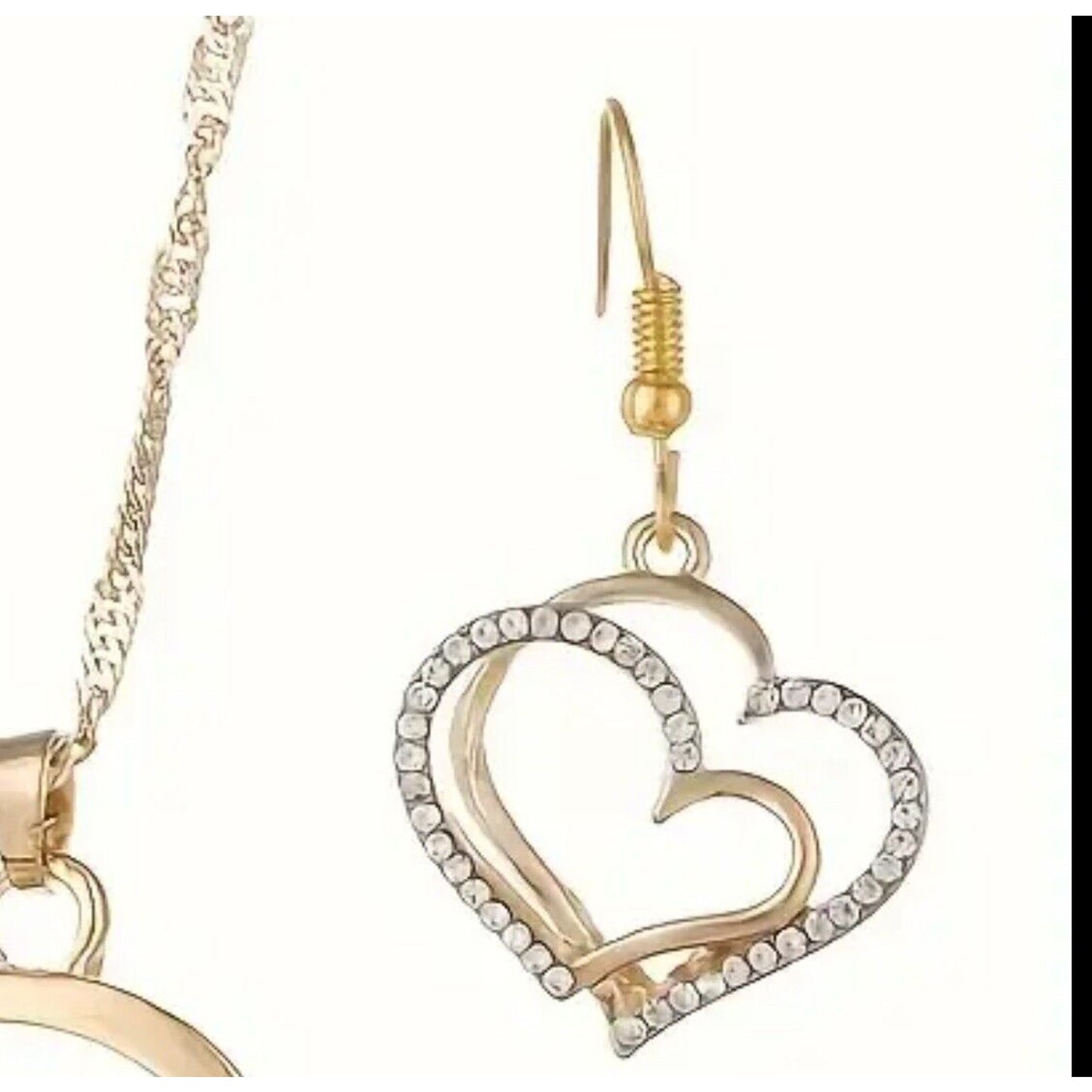 Gold Tone Crystal Double Heart Necklace Earrings (2pc Set) Chic Style Shiny Vday