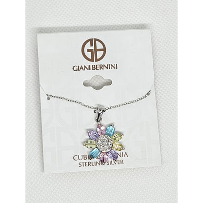 Sterling Silver Flower Pendant Necklace CZ Stunning Glitz Shiny Elegant Chic NWT