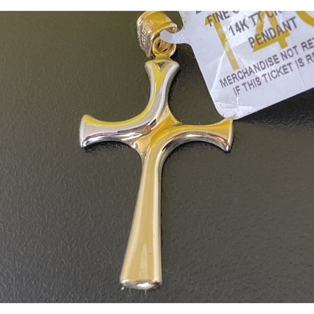 Solid 14K Gold Two Tone Cross Charm Pendant Faith Fashion Luxury Elegant NWT