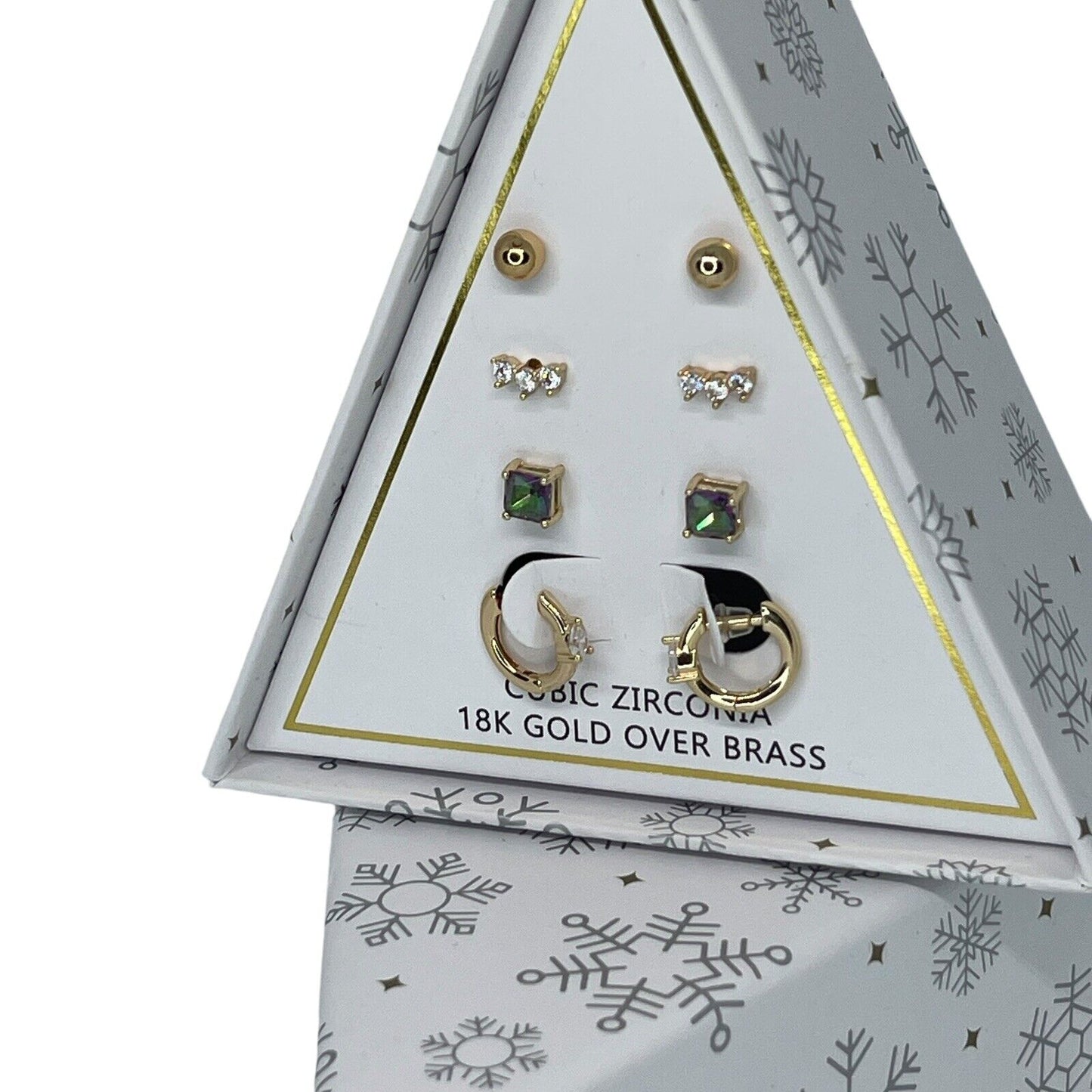 18K Gold Plate CZ Earrings 4pc Set Chic Xmas Ornament Box Fashion Stunning NWT