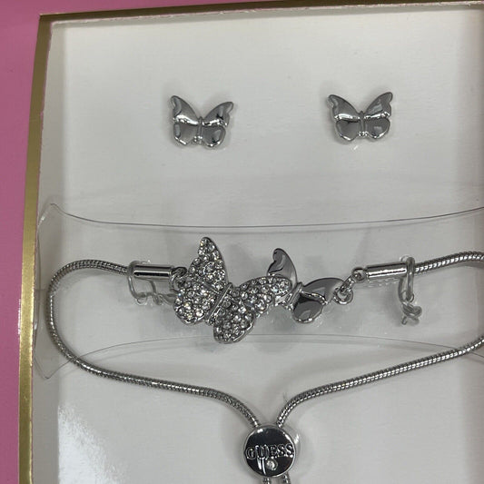 Guess Silver Tone Butterfly Bracelet Earrings (2pc Set) Fashion Chic Trendy Vday