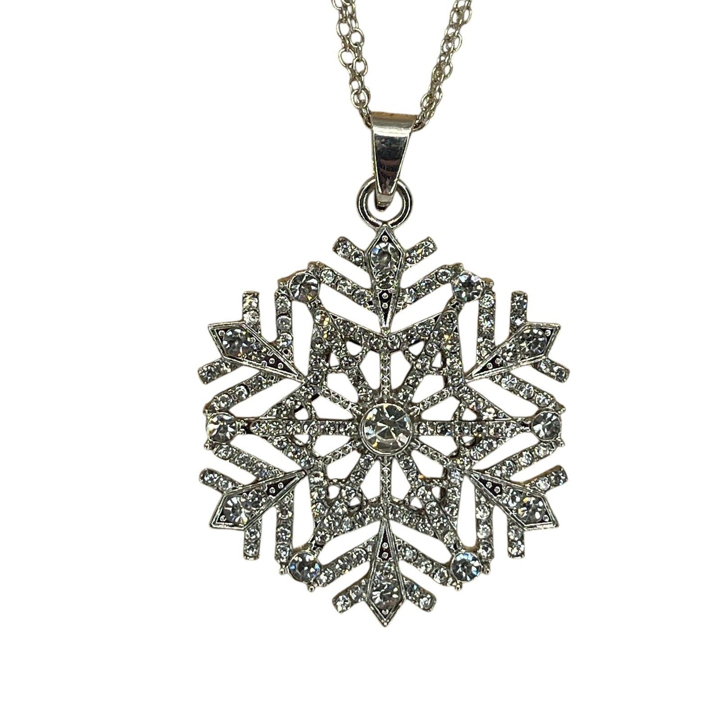 Silver Tone Crystal Snowflake Pendant Necklace 36” Christmas Holiday Stunning