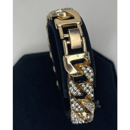 Gold Tone Crystal Chain Bracelet Men's Streetwear 8.5" Fashion Bling Glitz Style