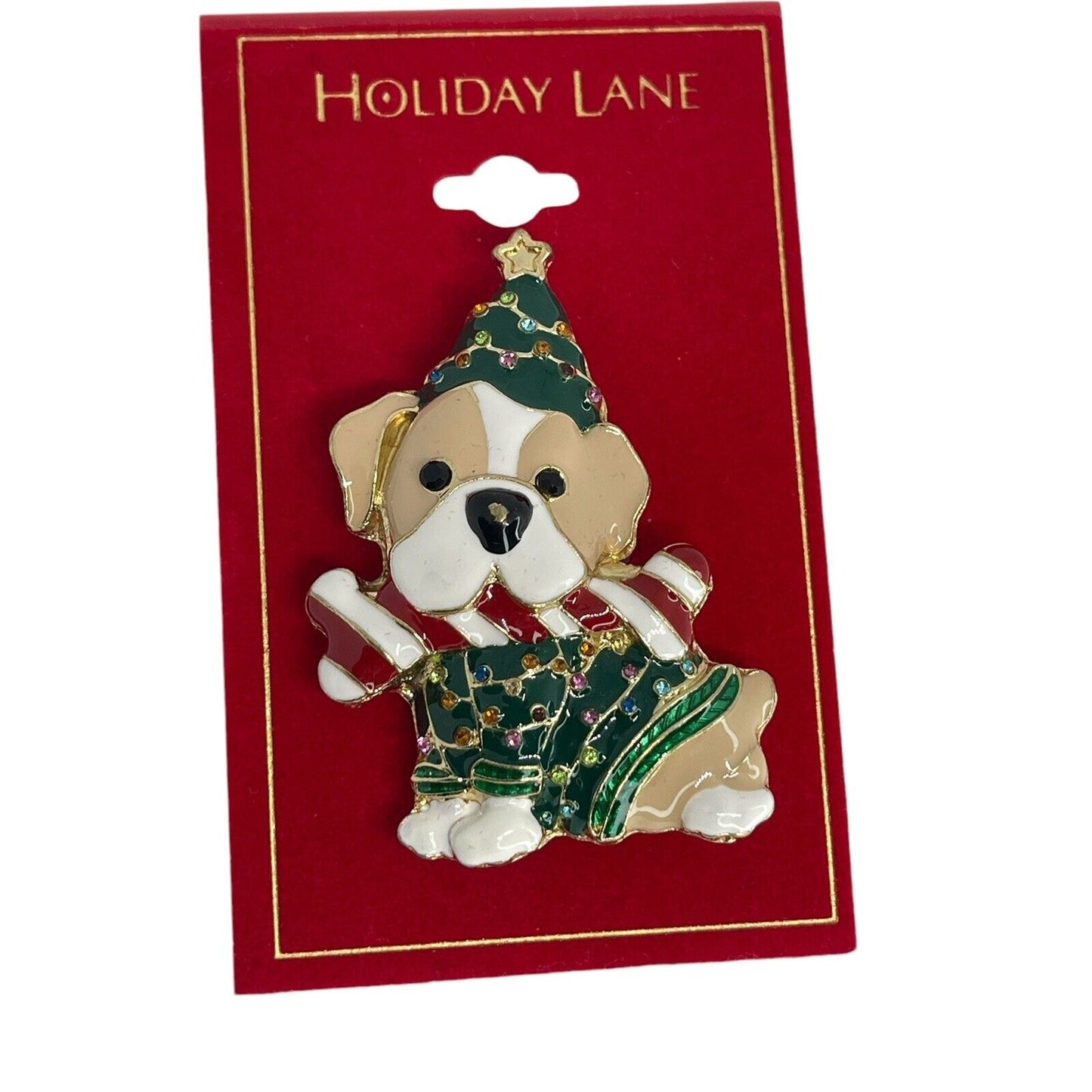 Gold Tone Puppy Xmas Tree Brooch Crystal Christmas Holiday Winter Fashion NWT