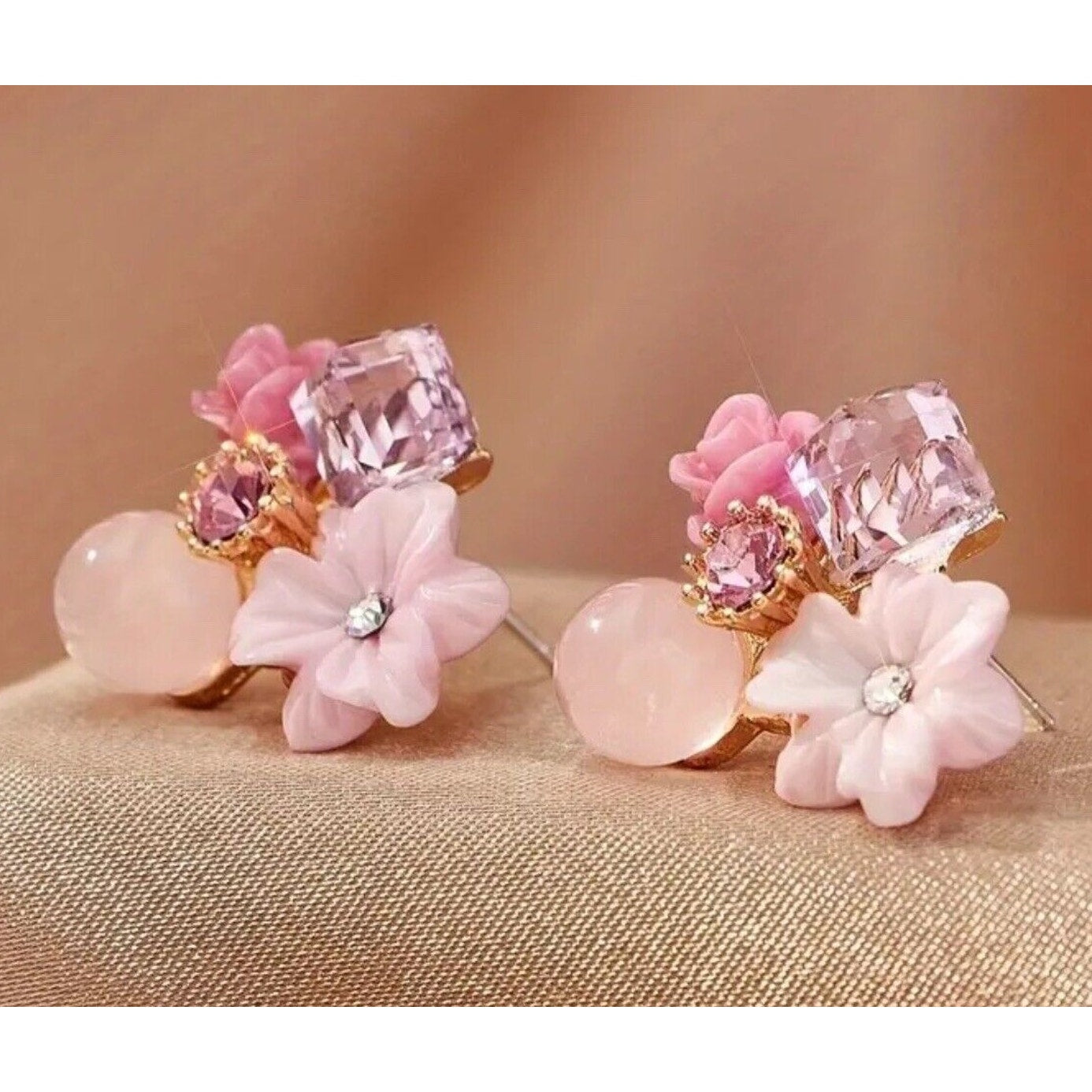 14K Gold Plate Crystal Flower Earrings Stunning Intricate Floral Elegant Stylish