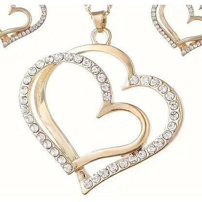 Gold Tone Crystal Double Heart Necklace Earrings (2pc Set) Chic Style Shiny Vday