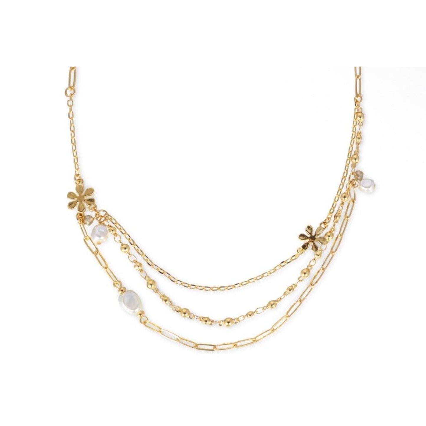 Gold Tone Faux Pearl Crystal Layered Necklace Floral Chic Trendy Stunning Style