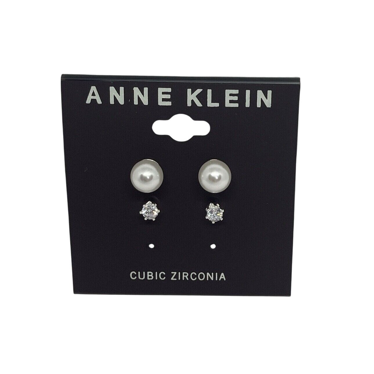 Anne Klein Silver Tone Faux Pearl CZ Earrings (2pc Set) Elegant Chic Trendy NWT