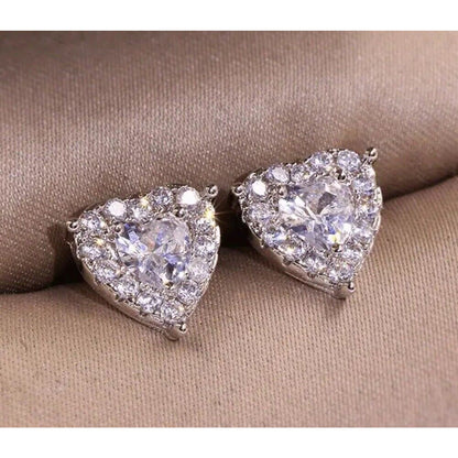 Silver Tone Crystal Heart Halo Stud Earrings Stunning Chic Trendy Fashion Vday