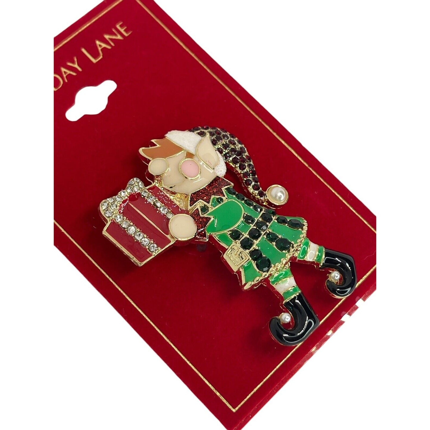 Gold Tone Working Elf Xmas Brooch Crystal Christmas Holiday Winter Fashion NWT