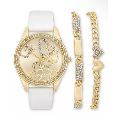 Gold Tone Crystal Heart Watch Faux Leather Band (3pc Set) Trendy Fashion Vday