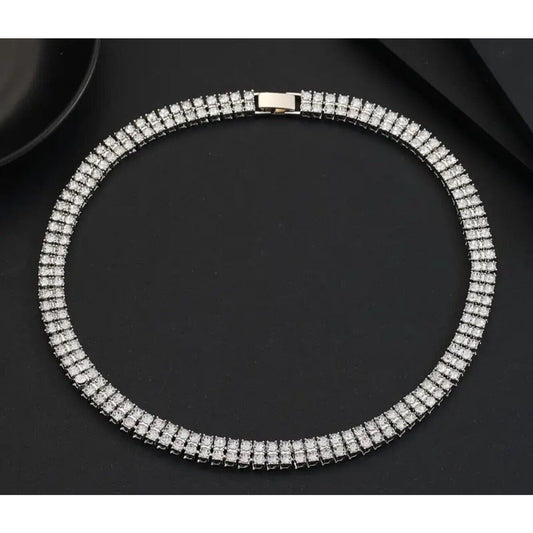 Silver Tone CZ Double Row Tennis Necklace Iced Out Bling Flashy Shiny Style NEW