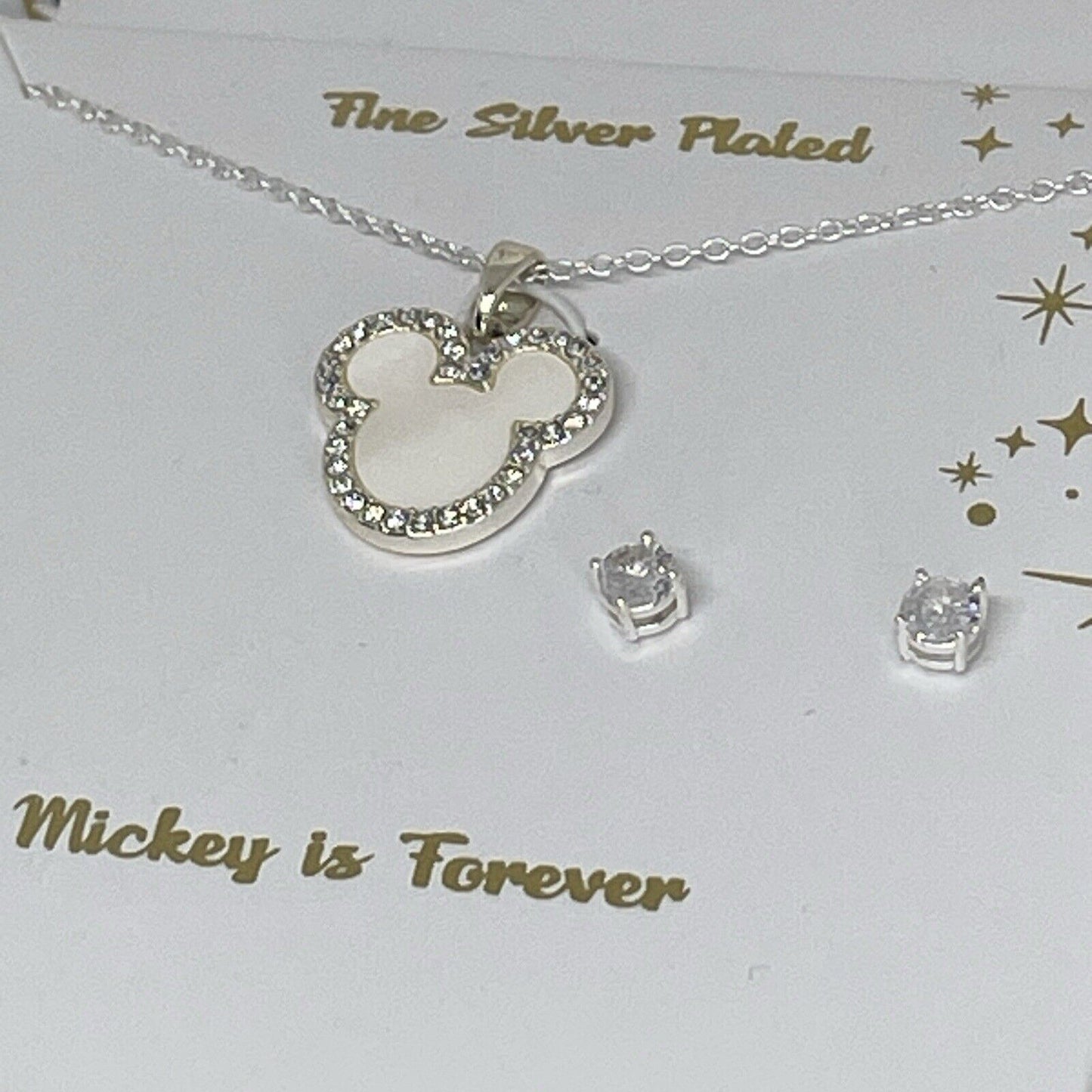 Disney Silver Plated Faux Pearl Necklace Earrings (2pc Set) Mickey Ears NWT Vday