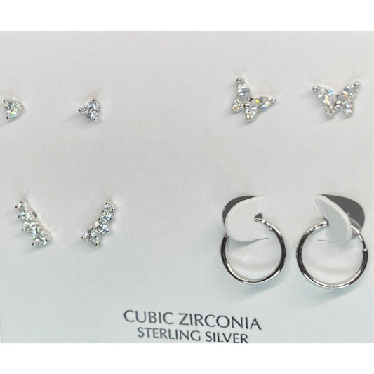 Sterling Silver Butterfly CZ Earrings (4pc Set) Stunning Style Trendy Chic NWT