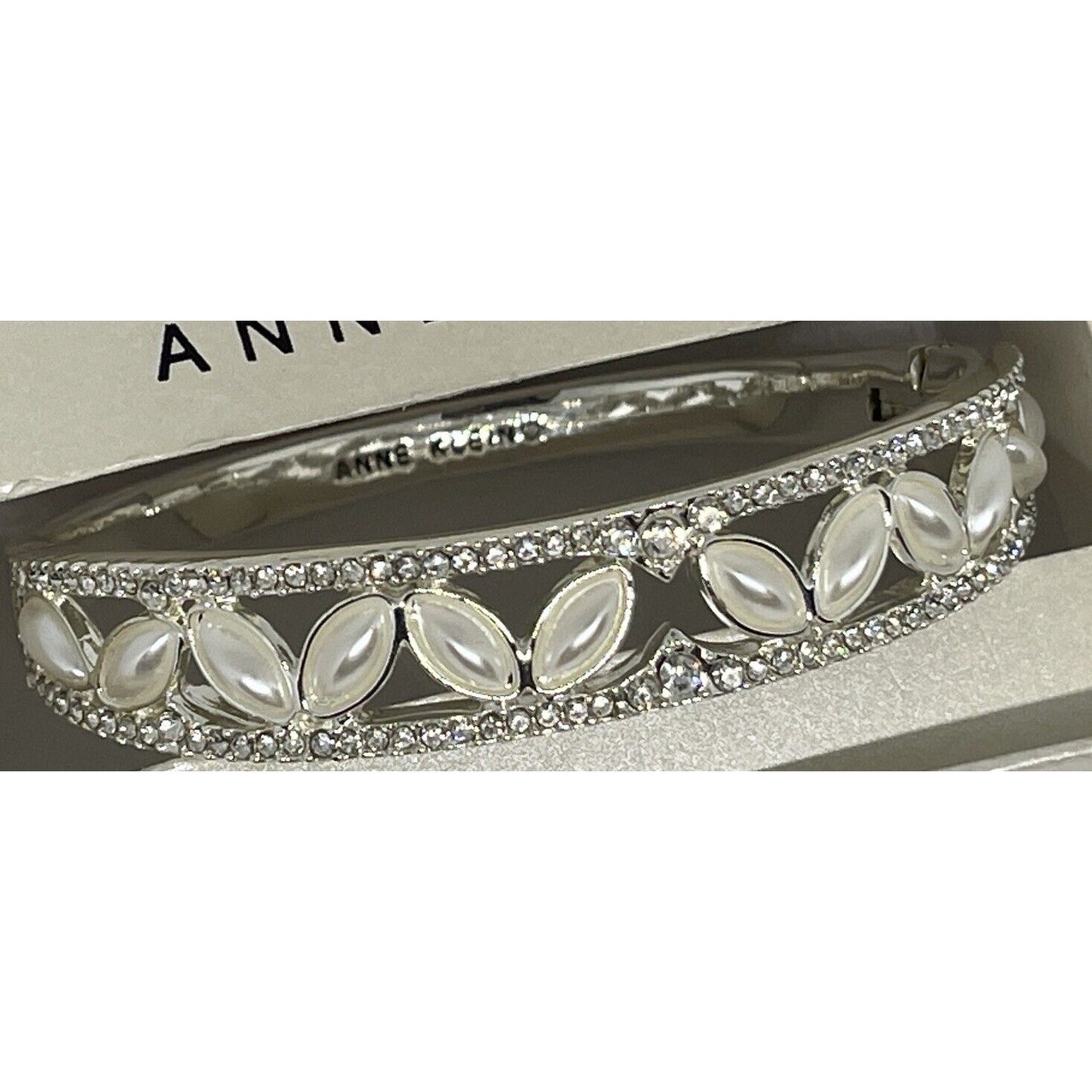 Anne Klein Silver Tone Faux Pearl Crystal Bangle Bracelet Open Work Elegant Chic