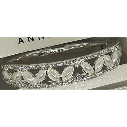 Anne Klein Silver Tone Faux Pearl Crystal Bangle Bracelet Open Work Elegant Chic