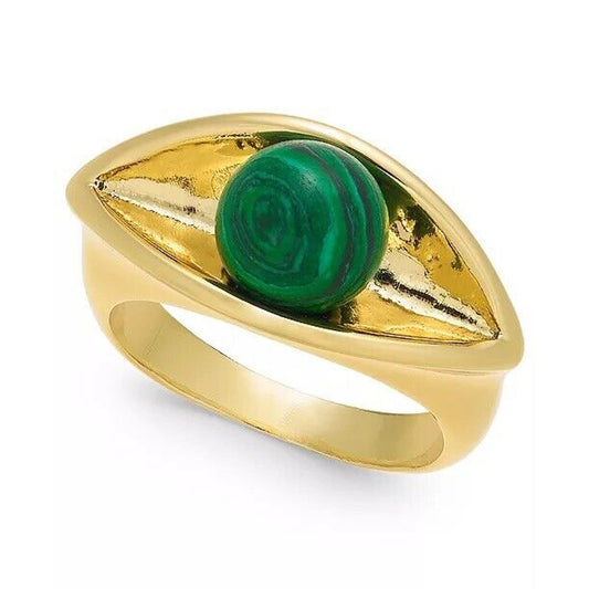 Gold Tone Faux Malachite Ball Ring (Sz 7) Boho Chic Trendy Statement Stylish NWT