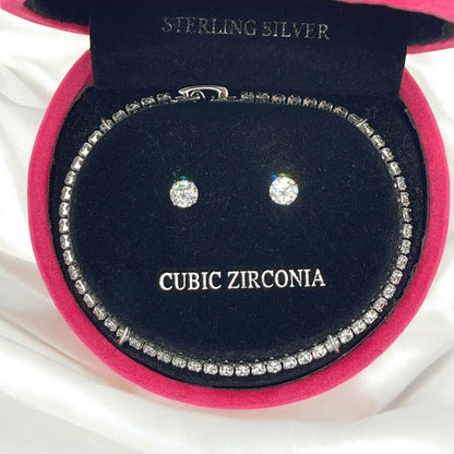 Sterling Silver CZ Tennis Bracelet Earrings (2pc Set) Trendy Fashion Style Vday