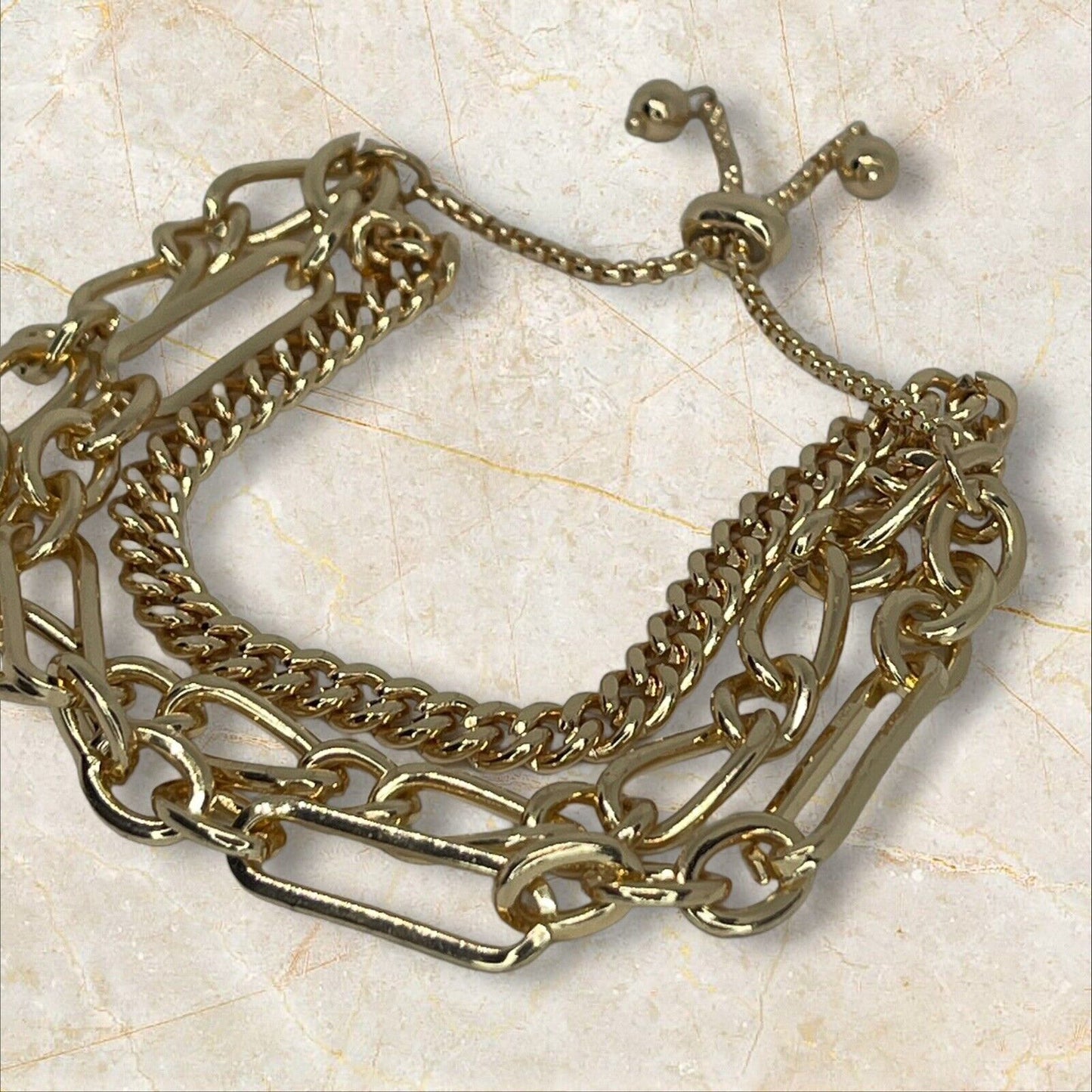 Gold Tone Triple Chain Bolo Bracelet Layered Chic Style Shiny Slider Elegant NWT