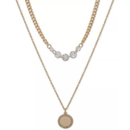 DKNY Gold Tone Crystal Disc Pendant Necklace Layered Stylish Fashion Trendy Chic