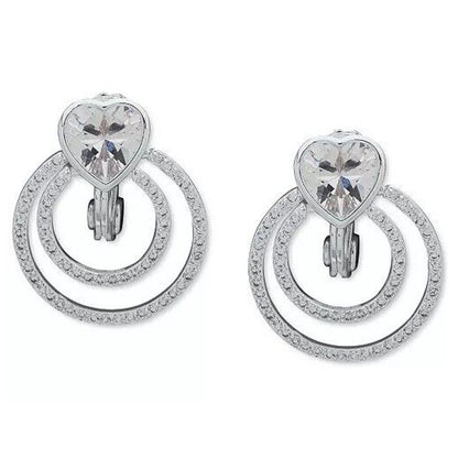 Anne Klein Silver Tone CZ Clip On Earrings Heart EZ Comfort Doorknocker Style