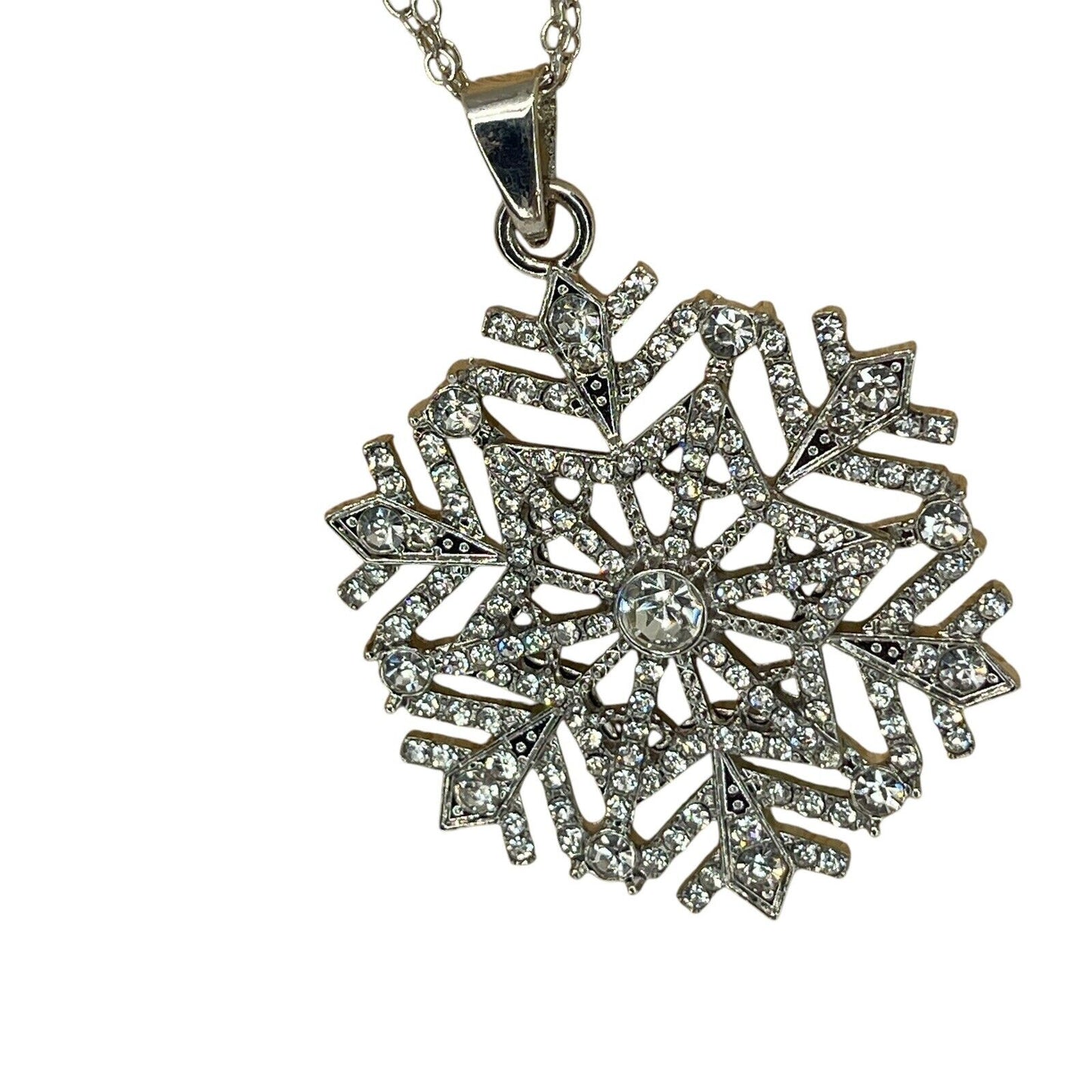 Silver Tone Crystal Snowflake Pendant Necklace 36” Christmas Holiday Stunning