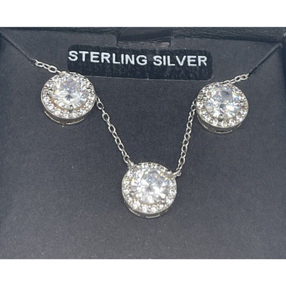 Sterling Silver CZ Halo Necklace Earrings (2pc Set) Stunning Chic Trendy Fashion