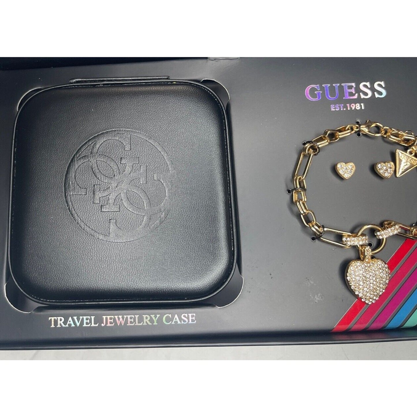 Guess Gold Tone Heart Charm Bracelet Earrings (3pc Set) Travel Case Trendy Vday