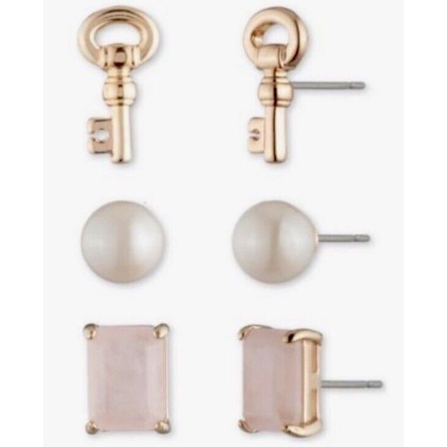 Ralph Lauren Rose Quartz Faux Pearl Earrings 3pc Set Gold Plate Elegant Chic Key