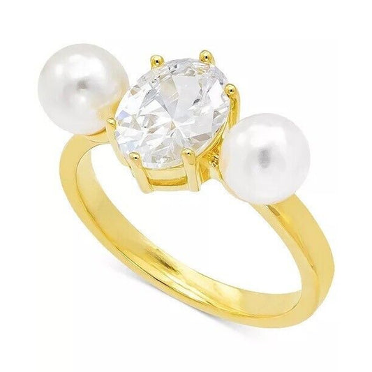 Gold Plated Double Faux Pearl CZ Ring (Sz 5) Stunning Stylish Fashion Trendy NWT