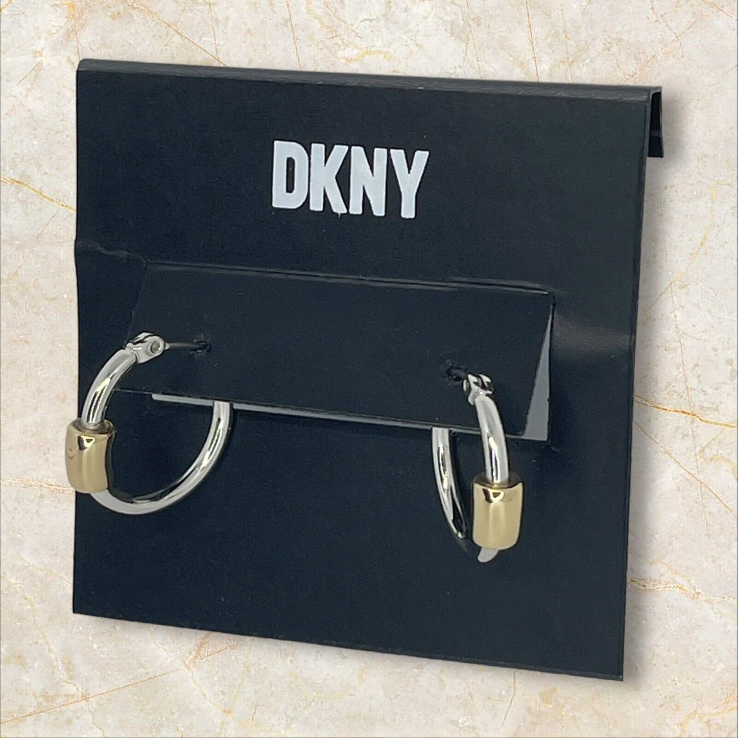 DKNY Two Tone Hoop Earrings Fashion Chic Minimal Shiny Trendy Style Cocktail NWT