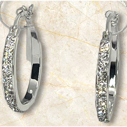 Silver Plated Pave Crystal Hoop Earrings Stunning Fashion Glitz Stylish Elegant