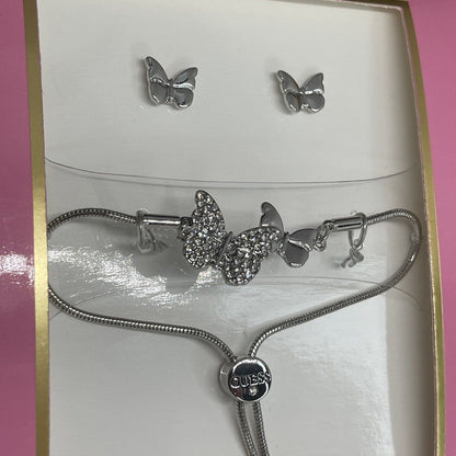 Guess Silver Tone Butterfly Bracelet Earrings (2pc Set) Fashion Chic Trendy Vday