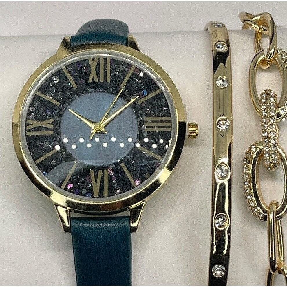 Gold Tone Faux Leather Watch Bracelet (3pc Set) Stunning Style Glitz Trendy Vday