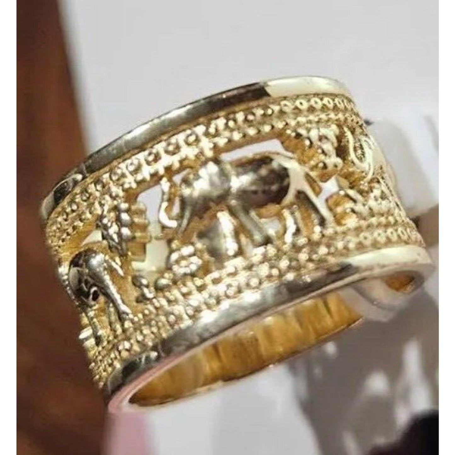 18K Gold Plated Open Work Elephant Wide Ring (Sz 7) Chic Intricate Animals NWT