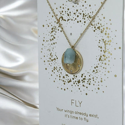 Unwritten Natural Amazonite 14K Gold Plated Necklace Butterfly Coin Pendant Chic