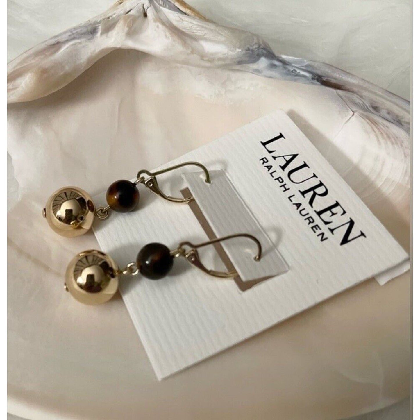 Ralph Lauren Gold Tone Tortoise Drop Earrings Elegant Stunning Style Fashion NWT